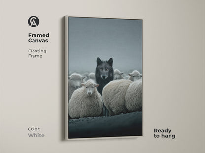 White framed canvas of a wolf amidst sheep. This modern gothic wall art complements any room. An excellent choice for eclectic animal decor and study room artwork.