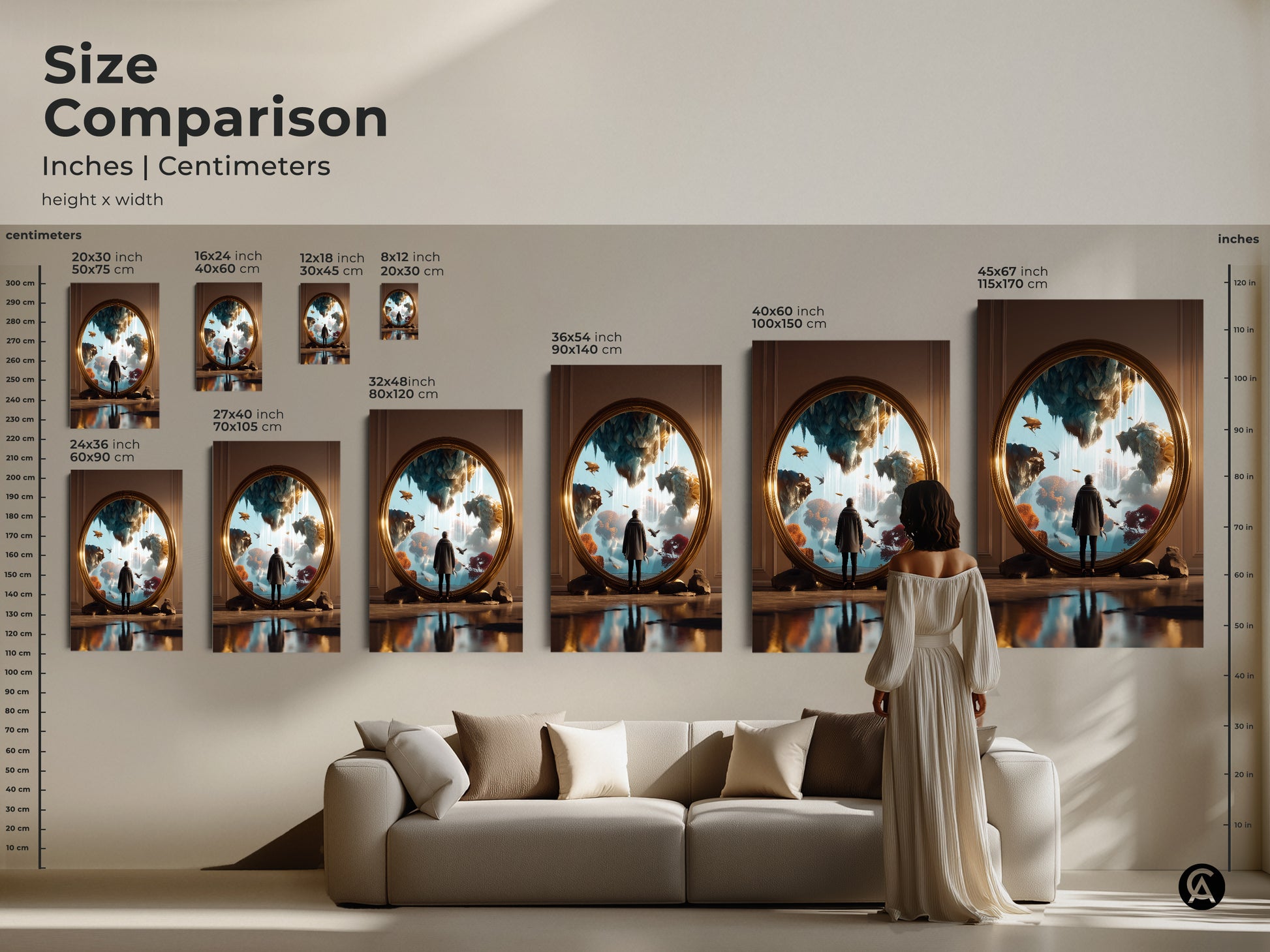 Size comparison of surreal art prints including inches and centimeters. Floating islands artwork displayed in various sizes for home decor. Perfect gold teal blue fantasy wall decor for eclectic bedrooms. Find the ideal dreamer gift.