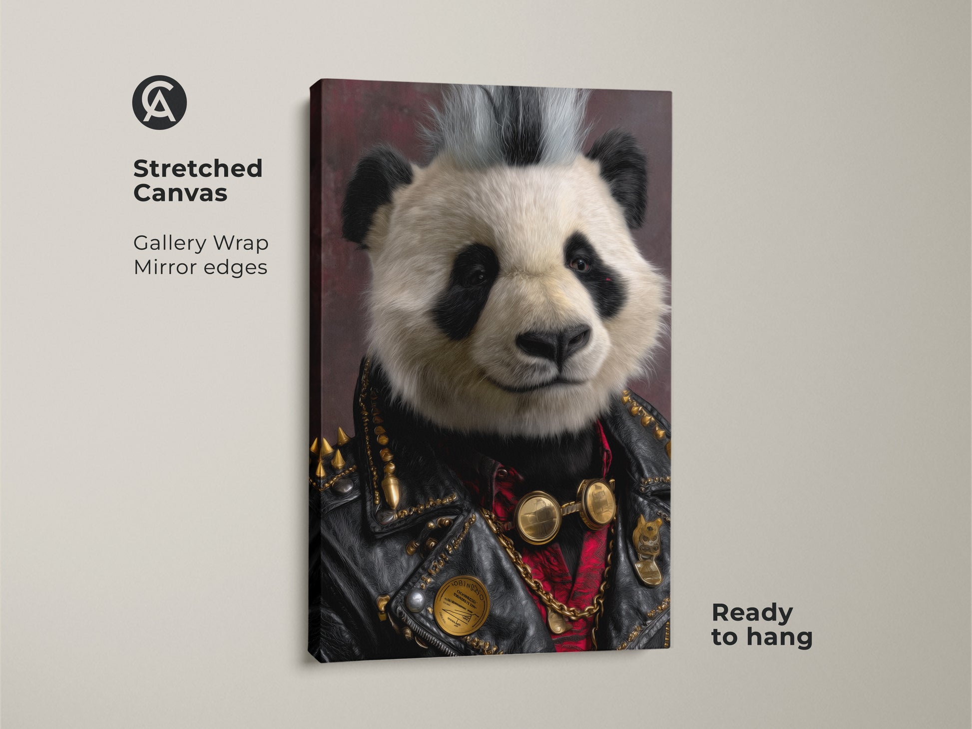 Stretched Canvas Print of the Punk Rock Panda. A gallery wrapped canvas shows mirror edges. Perfect ready-to-hang art for music enthusiasts. This eclectic animal print adds a unique touch to any living space. It's ideal for those seeking alternative music decor.