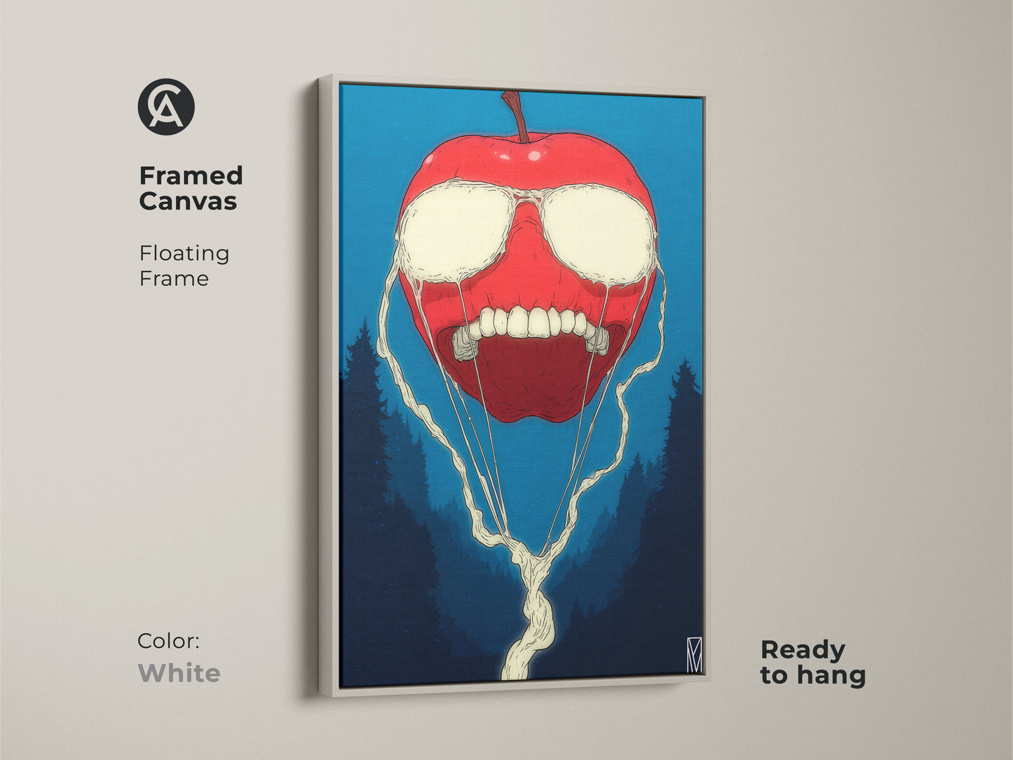 Framed canvas art featuring a surreal red apple with white liquid eyes. It has a toothy grin and dark trees in the background. The floating frame is white and the art is ready to hang.