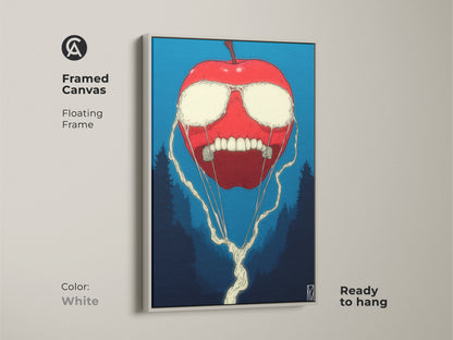 Framed canvas art featuring a surreal red apple with white liquid eyes. It has a toothy grin and dark trees in the background. The floating frame is white and the art is ready to hang.
