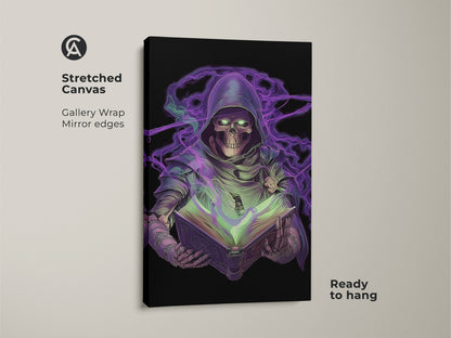 Stretched canvas of a neon purple Grim Reaper. The gothic skeleton is reading a spellbook. This dark fantasy wall art is ready to hang. It adds an eclectic touch to any gamer room decor. A unique occult art piece