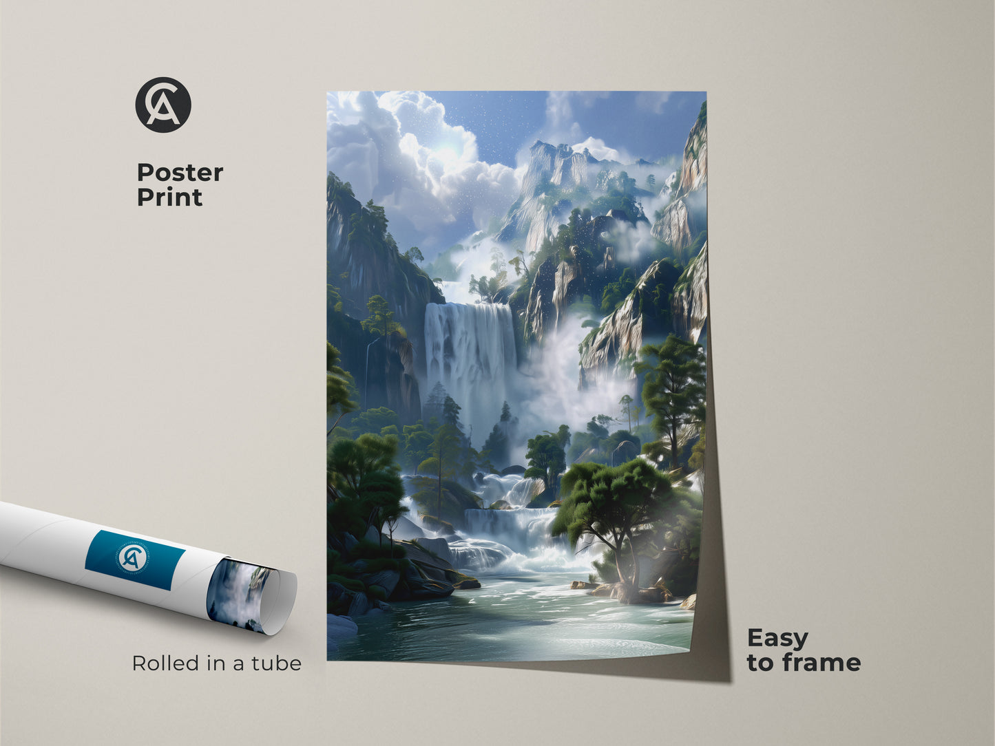 Poster print of a stunning mountain waterfall. Rolled in a tube and easy to frame this nature wall decor brings the beauty of a scenic view to any space. Perfect as rustic bedroom art with blue and green tones.
