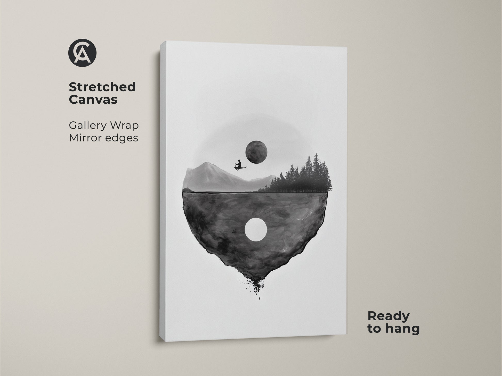 Close-up of a stretched canvas print showcasing surreal floating island art. This minimalist moon landscape artwork has gallery wrap mirror edges and comes ready to hang. The black and white abstract canvas adds a contemplative touch to any space.