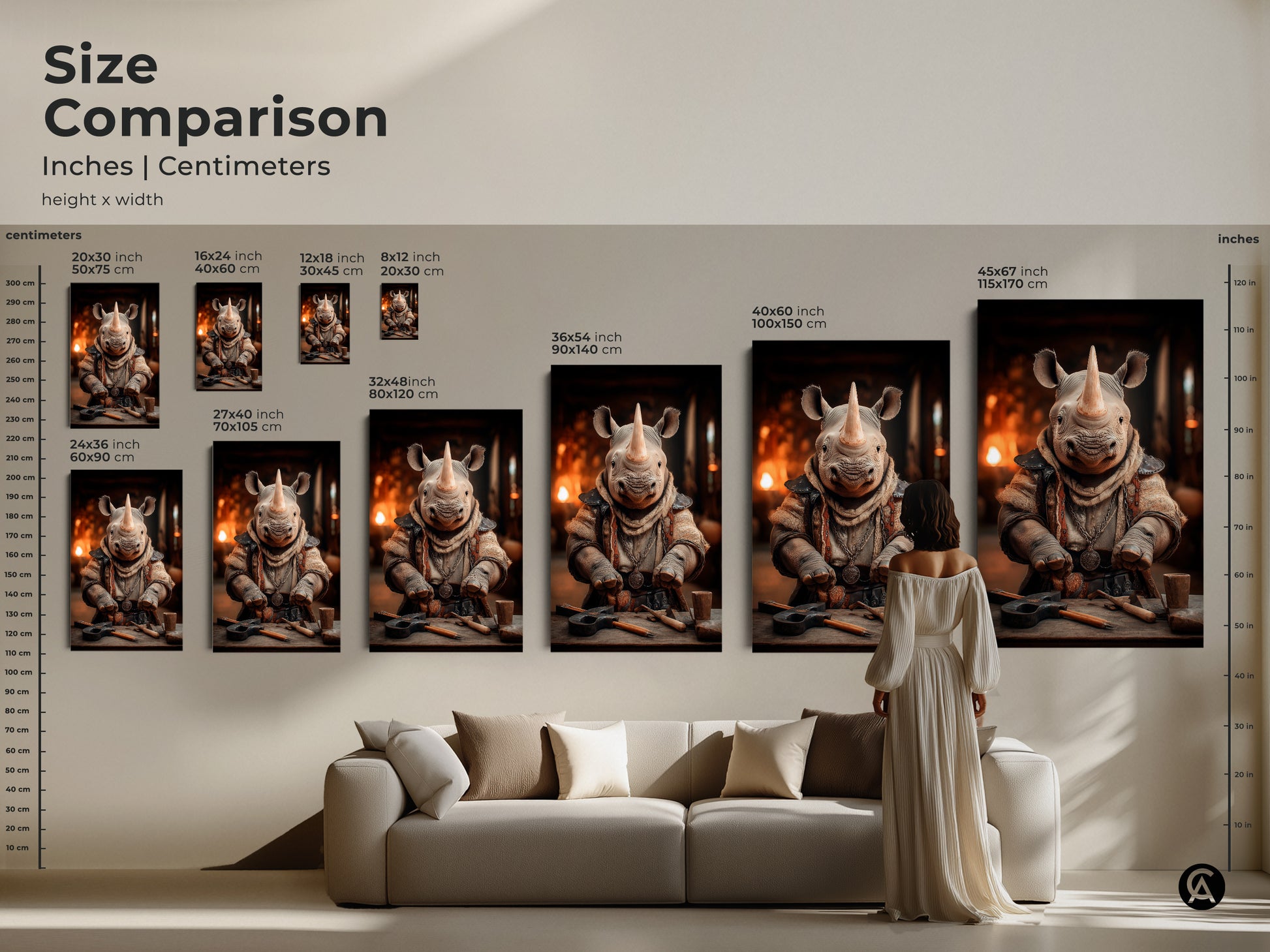 Size comparison of the fantasy rhino character art print. It shows various sizes displayed in a living room setting. Find the perfect fit for eclectic home or office decor. Available in multiple sizes to suit any space. These art prints are great gifts for animal lovers adding character and charm.