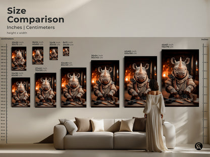 Size comparison of the fantasy rhino character art print. It shows various sizes displayed in a living room setting. Find the perfect fit for eclectic home or office decor. Available in multiple sizes to suit any space. These art prints are great gifts for animal lovers adding character and charm.