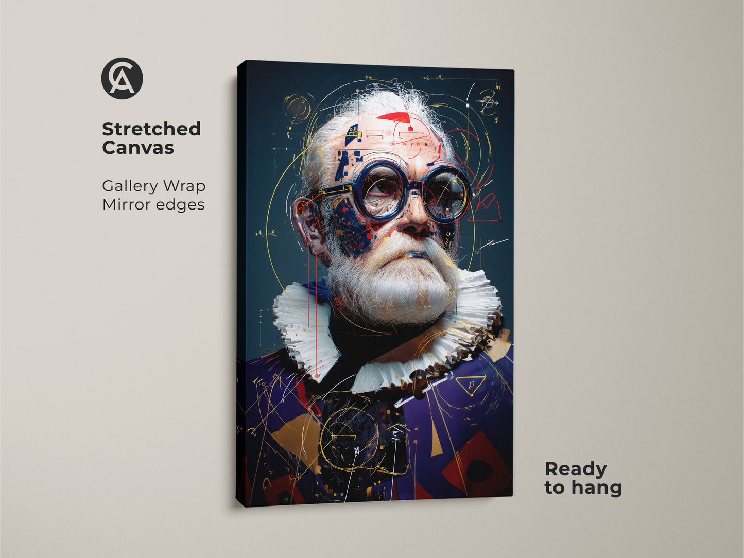 Close-up of a steampunk scientist portrait art. The stretched canvas with gallery wrap showcases mirror edges. Ready to hang this abstract geometric print elevates any space.