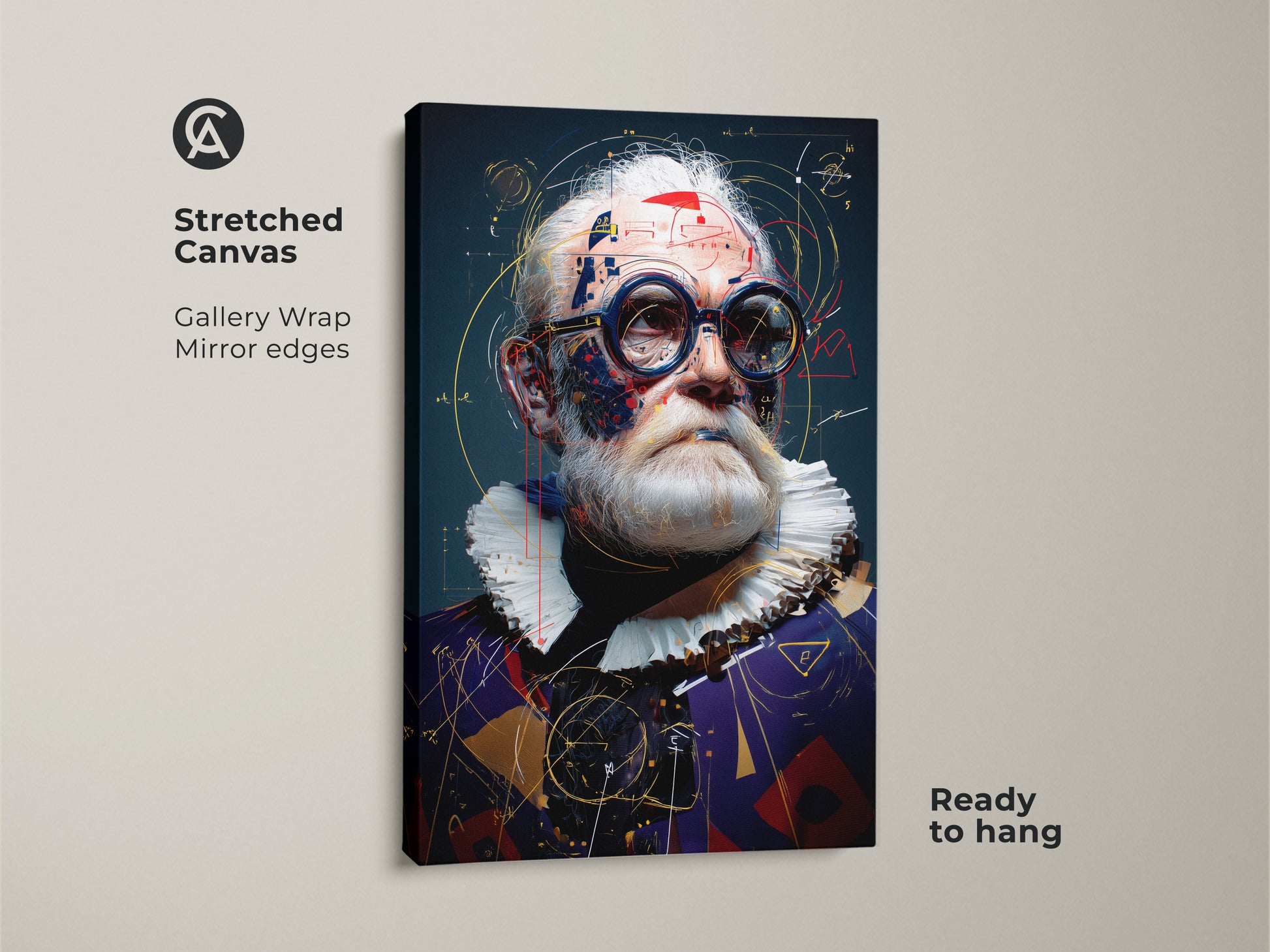 Close-up of a steampunk scientist portrait art. The stretched canvas with gallery wrap showcases mirror edges. Ready to hang this abstract geometric print elevates any space.