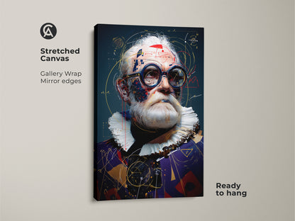 Close-up of a steampunk scientist portrait art. The stretched canvas with gallery wrap showcases mirror edges. Ready to hang this abstract geometric print elevates any space.