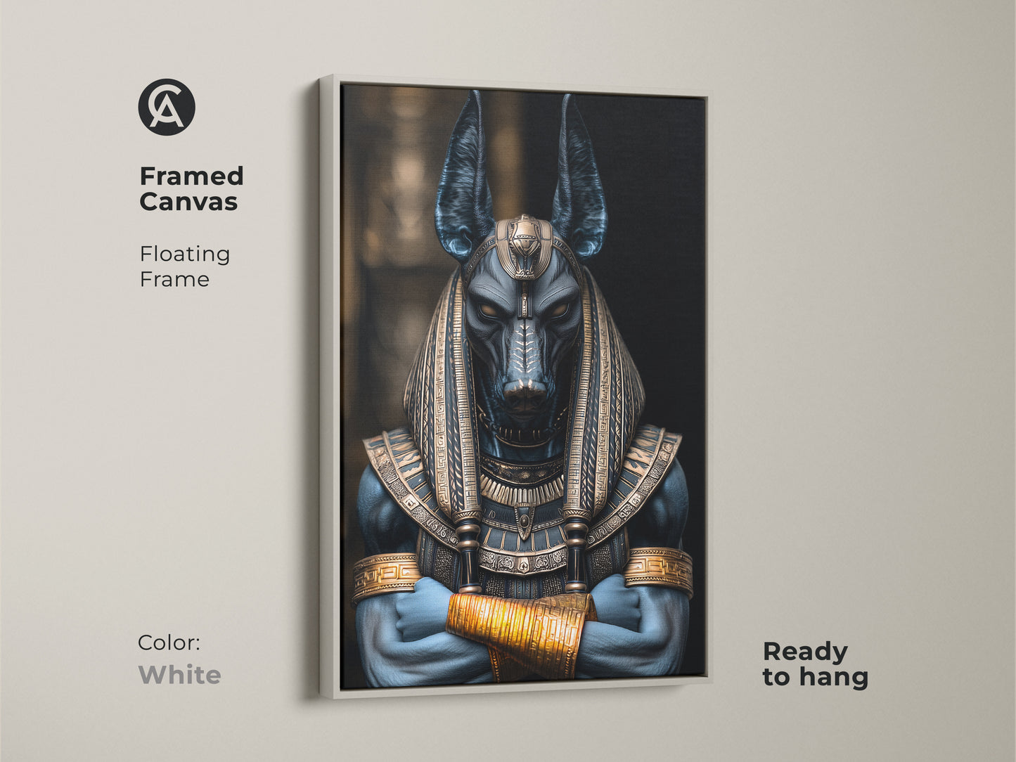 White framed canvas print of Anubis the Egyptian Jackal God. Floating frame. Ready to hang. Dark fantasy artwork with a deep blue and gold color scheme. Unique mythology gift for those who appreciate ancient Egyptian deities. Perfect for home office art decor.