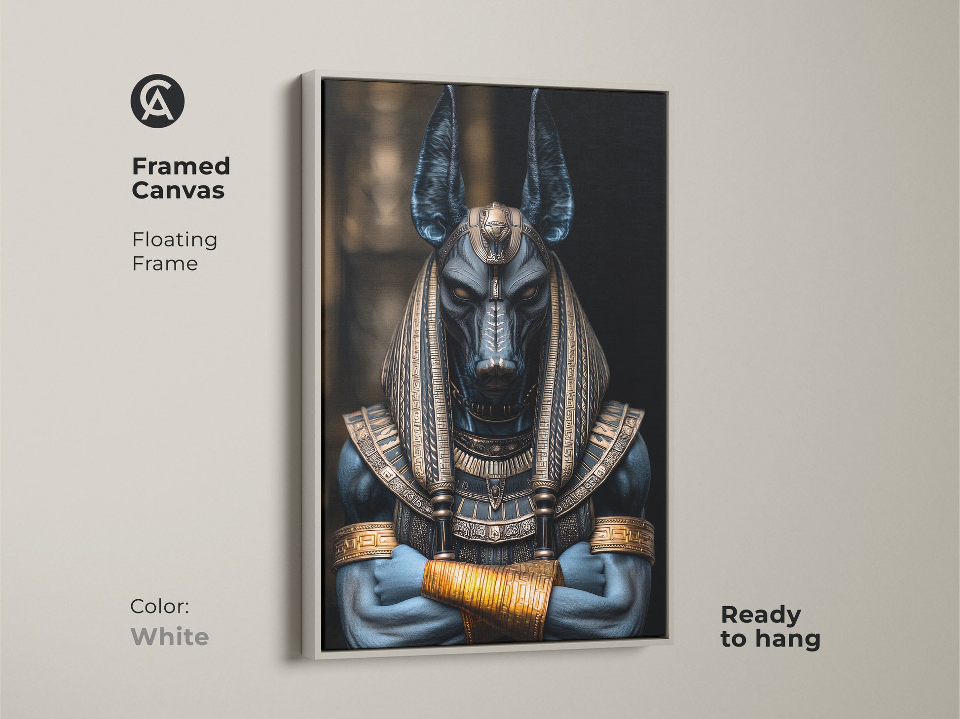 White framed canvas print of Anubis the Egyptian Jackal God. Floating frame. Ready to hang. Dark fantasy artwork with a deep blue and gold color scheme. Unique mythology gift for those who appreciate ancient Egyptian deities. Perfect for home office art decor.