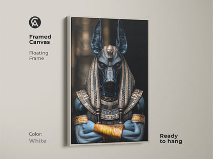 White framed canvas print of Anubis the Egyptian Jackal God. Floating frame. Ready to hang. Dark fantasy artwork with a deep blue and gold color scheme. Unique mythology gift for those who appreciate ancient Egyptian deities. Perfect for home office art decor.