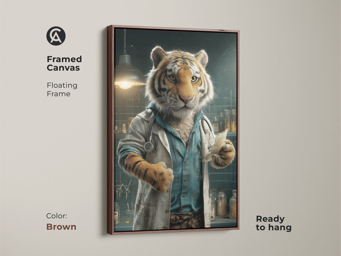 A framed canvas artwork featuring a tiger dressed as a doctor. The frame is a rich brown color. The canvas has a floating frame style and is ready to hang. This unique piece is perfect for adding a touch of humor to your decor