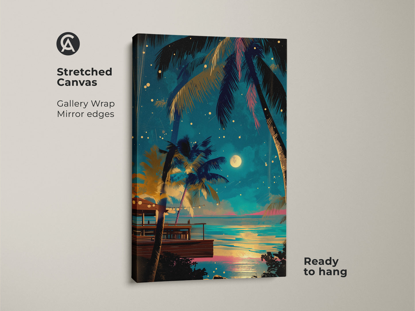 Stretched Canvas gallery wrap print featuring a tropical palm tree night scene. The deep blue and golden yellow art evokes a boho beach vibe. Ready to hang this ocean view canvas enhances any coastal bedroom decor.