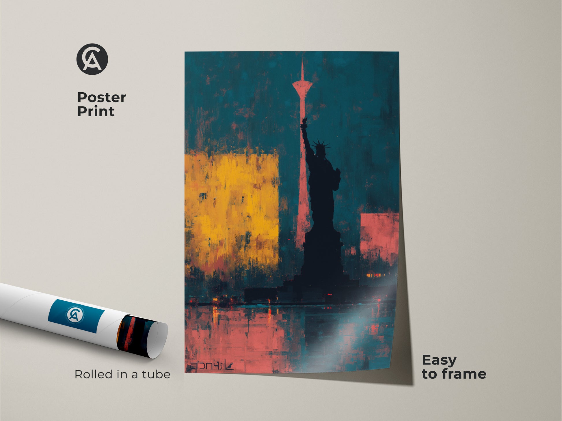 Poster print featuring an abstract Statue of Liberty in teal and yellow. This modern New York City art print is easy to frame. A great office wall decor or a housewarming gift.