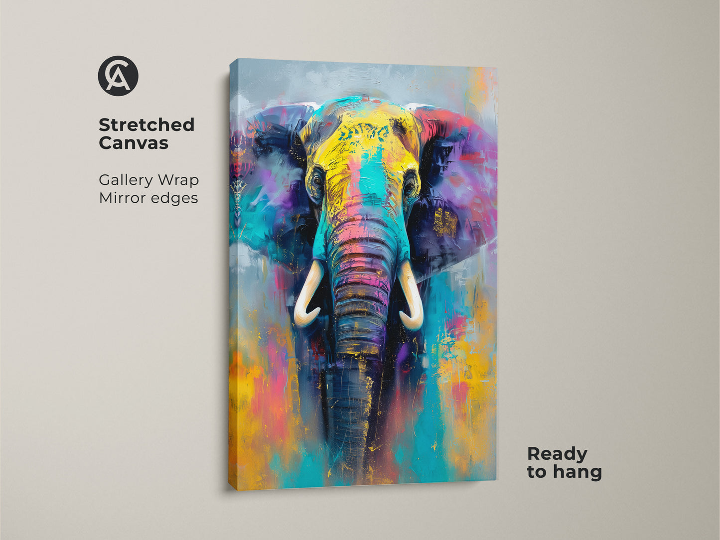 Stretched canvas art showcasing a colorful elephant portrait. Gallery wrapped with mirrored edges it's ready to hang. The bright hues and detailed texture make this animal artwork a striking focal point for any space.