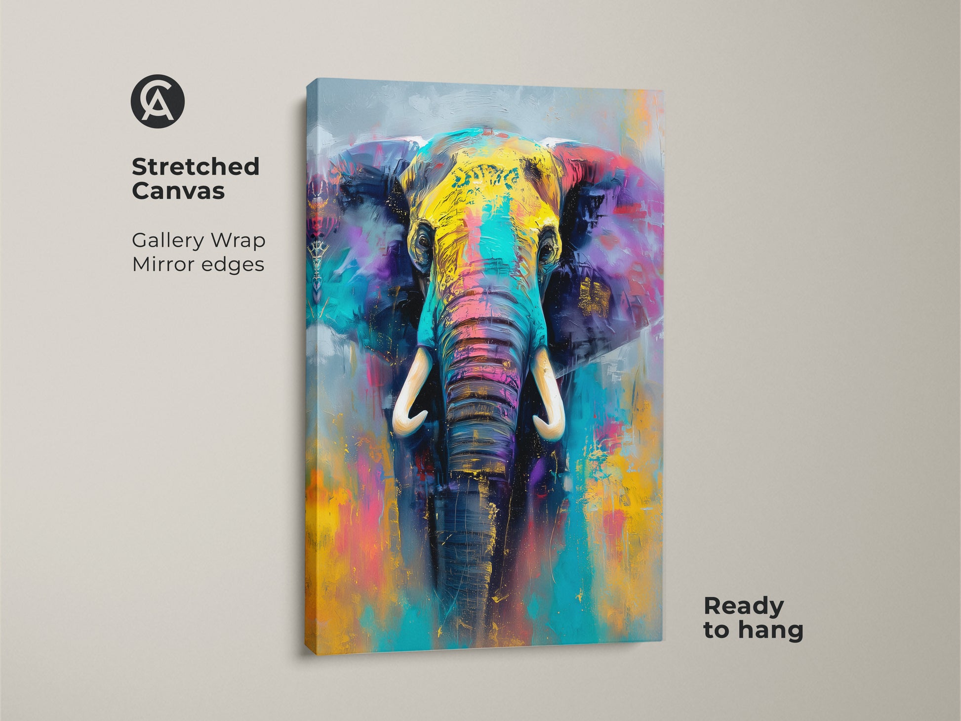 Stretched canvas art showcasing a colorful elephant portrait. Gallery wrapped with mirrored edges it's ready to hang. The bright hues and detailed texture make this animal artwork a striking focal point for any space.