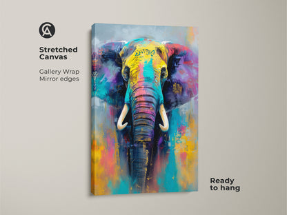 Stretched canvas art showcasing a colorful elephant portrait. Gallery wrapped with mirrored edges it's ready to hang. The bright hues and detailed texture make this animal artwork a striking focal point for any space.