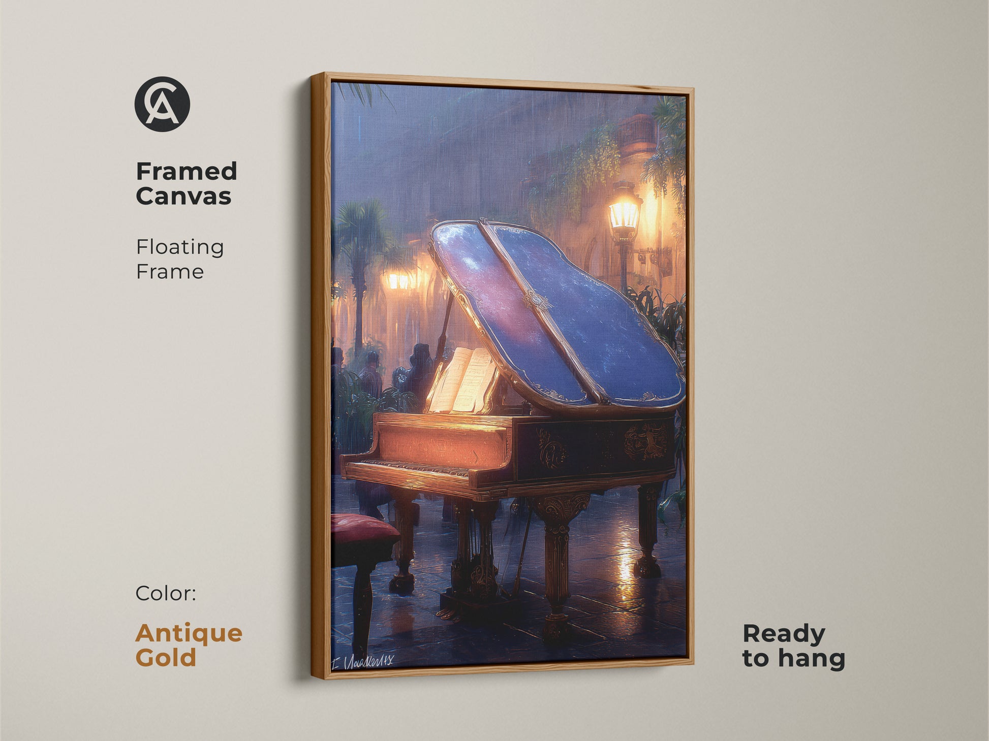 An antique gold framed canvas highlighting the grand piano art is ready to hang with floating frame. The mahogany amber blue print gives sophisticated wall decor. This eclectic music decor brings urban night art as a unique art print gift.