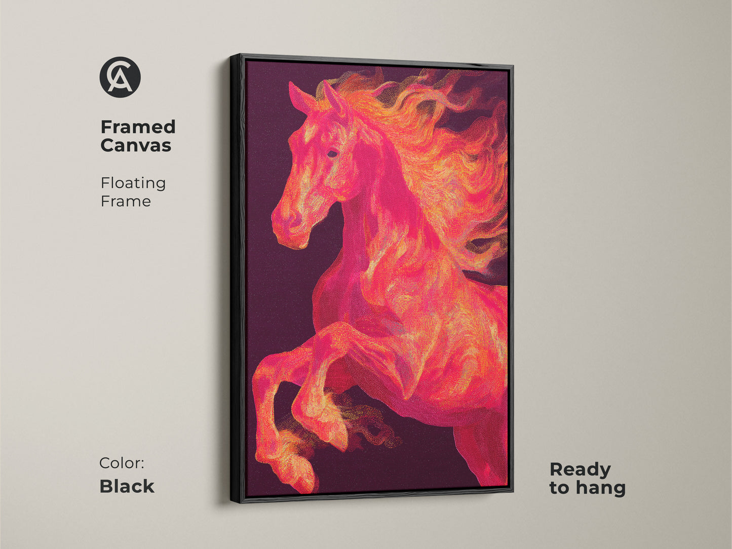 Framed canvas featuring a rearing horse. The artwork is set in a black floating frame. This horse art piece is ready to hang. The print captures the energy of the animal. The canvas provides texture.