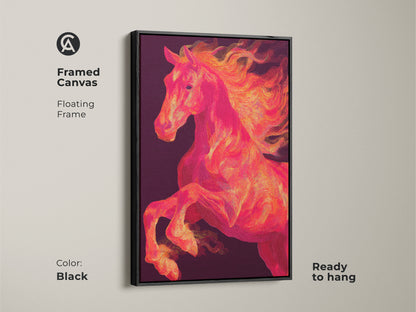 Framed canvas featuring a rearing horse. The artwork is set in a black floating frame. This horse art piece is ready to hang. The print captures the energy of the animal. The canvas provides texture.