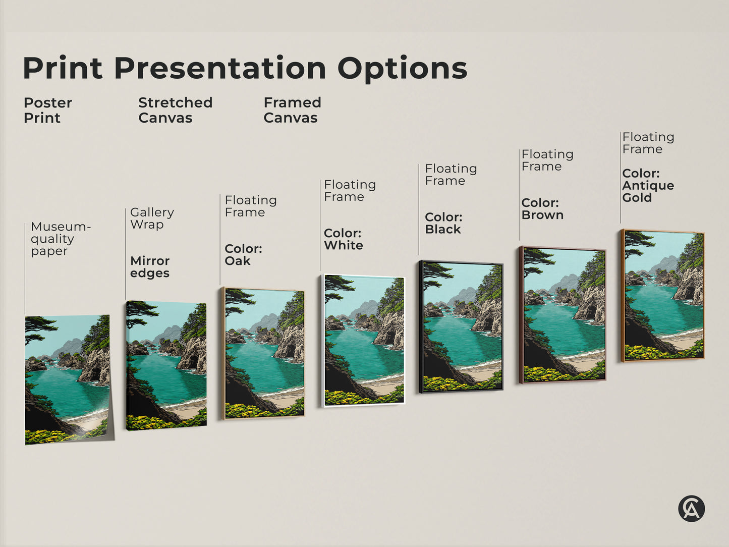 Print presentation options showcasing various formats of coastal art. Includes poster prints and stretched canvases. Framed canvas options with black brown oak white and antique gold frames. Perfect for coastal home decor gift.