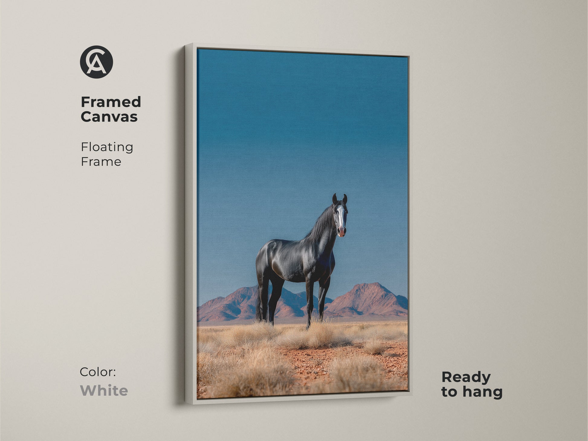 Framed canvas art featuring a black horse in a desert setting with a white floating frame. This wildlife canvas print is ready to hang and adds a clean modern touch. Ideal for farmhouse decor and a thoughtful gift for horse enthusiasts.