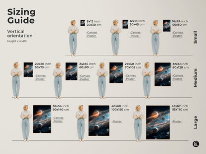 Sizing guide for vertical space art featuring planets and cosmic dust. Find the perfect size for canvas and poster prints. Various sizes are available to fit any space. Discover planet art that matches your style.