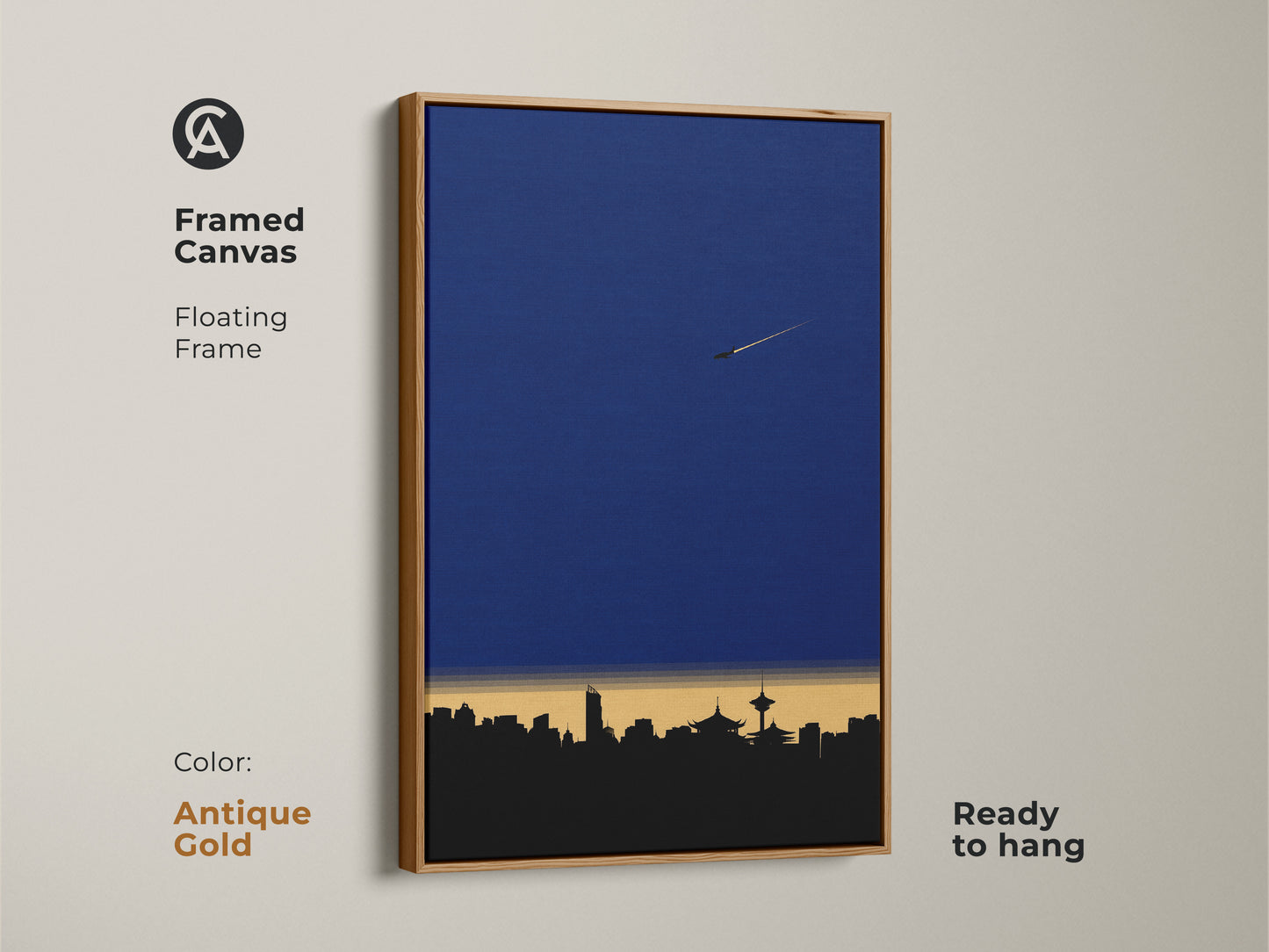 Framed Canvas featuring minimalist cityscape artwork. This modern skyline art print is set in a floating frame. The deep blue wall art is ideal for office spaces. Geometric airplane wall decor that's ready to hang in antique gold.