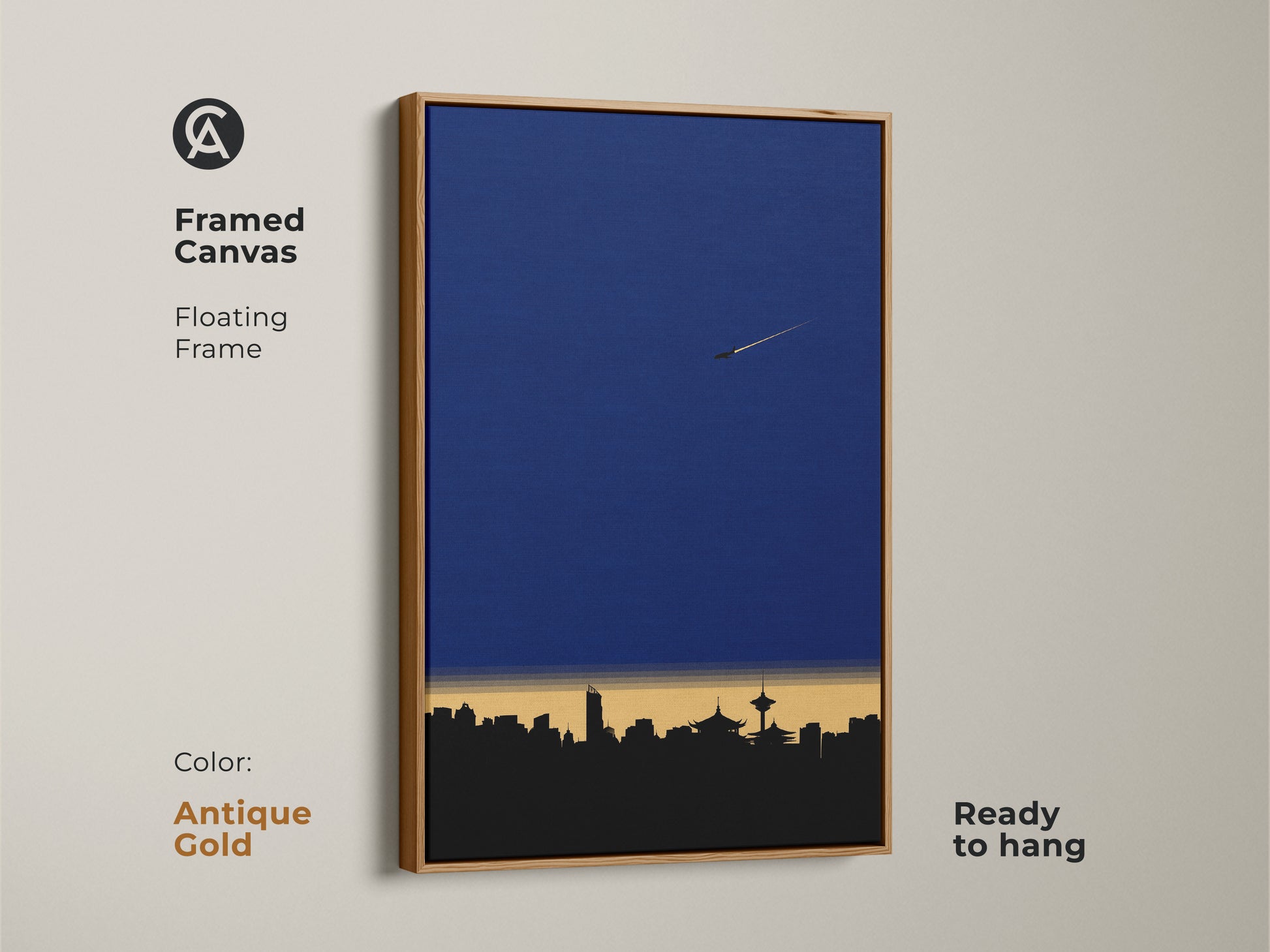 Framed Canvas featuring minimalist cityscape artwork. This modern skyline art print is set in a floating frame. The deep blue wall art is ideal for office spaces. Geometric airplane wall decor that's ready to hang in antique gold.