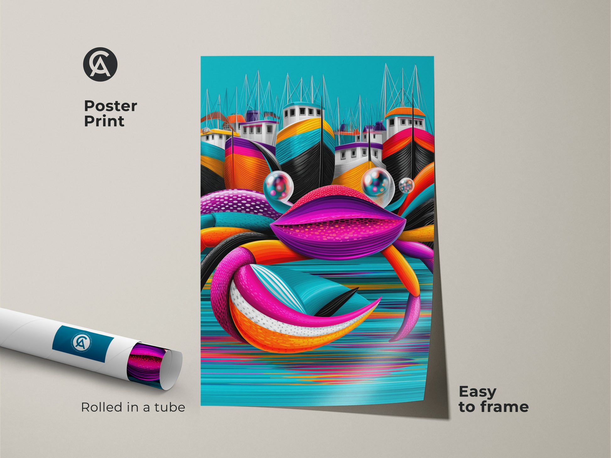 Poster print of a Pop Art crab art. Featuring colorful boats wall art. Rolled in a tube for easy framing. Aqua orange teal art for an eclectic home. Beach lover gift art or hallway wall hanging.