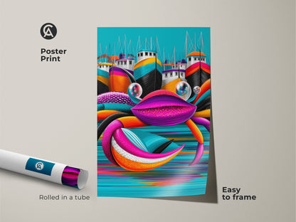 Poster print of a Pop Art crab art. Featuring colorful boats wall art. Rolled in a tube for easy framing. Aqua orange teal art for an eclectic home. Beach lover gift art or hallway wall hanging.