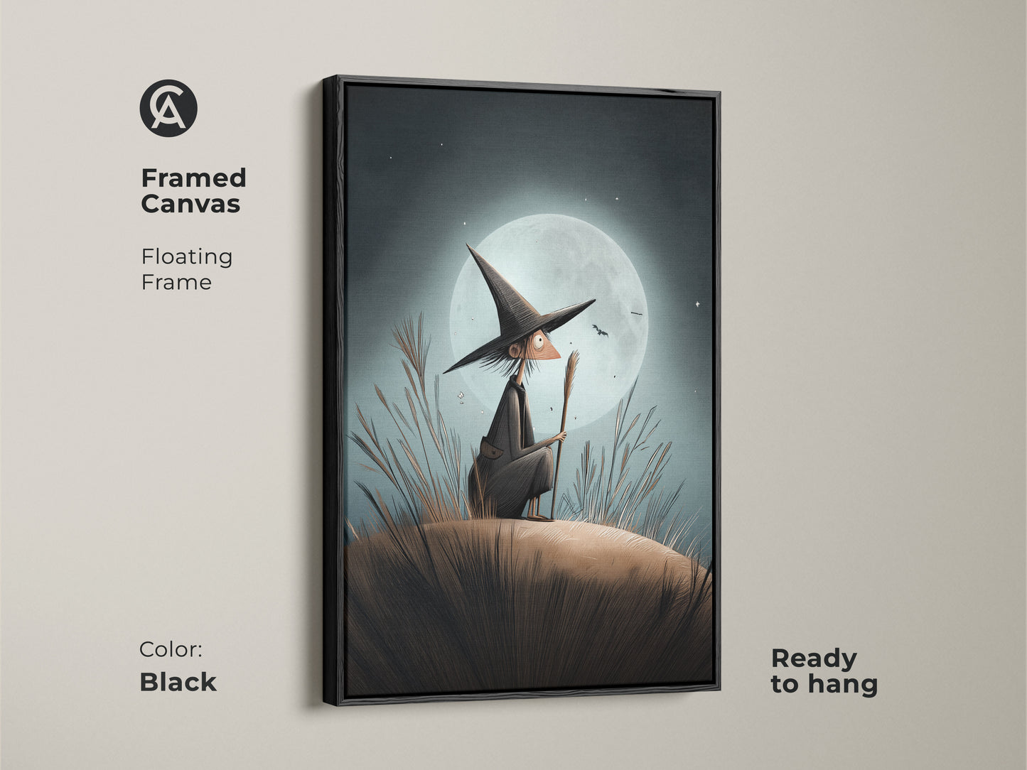 Framed canvas with a floating black frame featuring a witch gazing at the moon. The brown and blue witch art is ready to hang. Perfect for those who love a bit of magic. This unique piece adds celestial charm.
