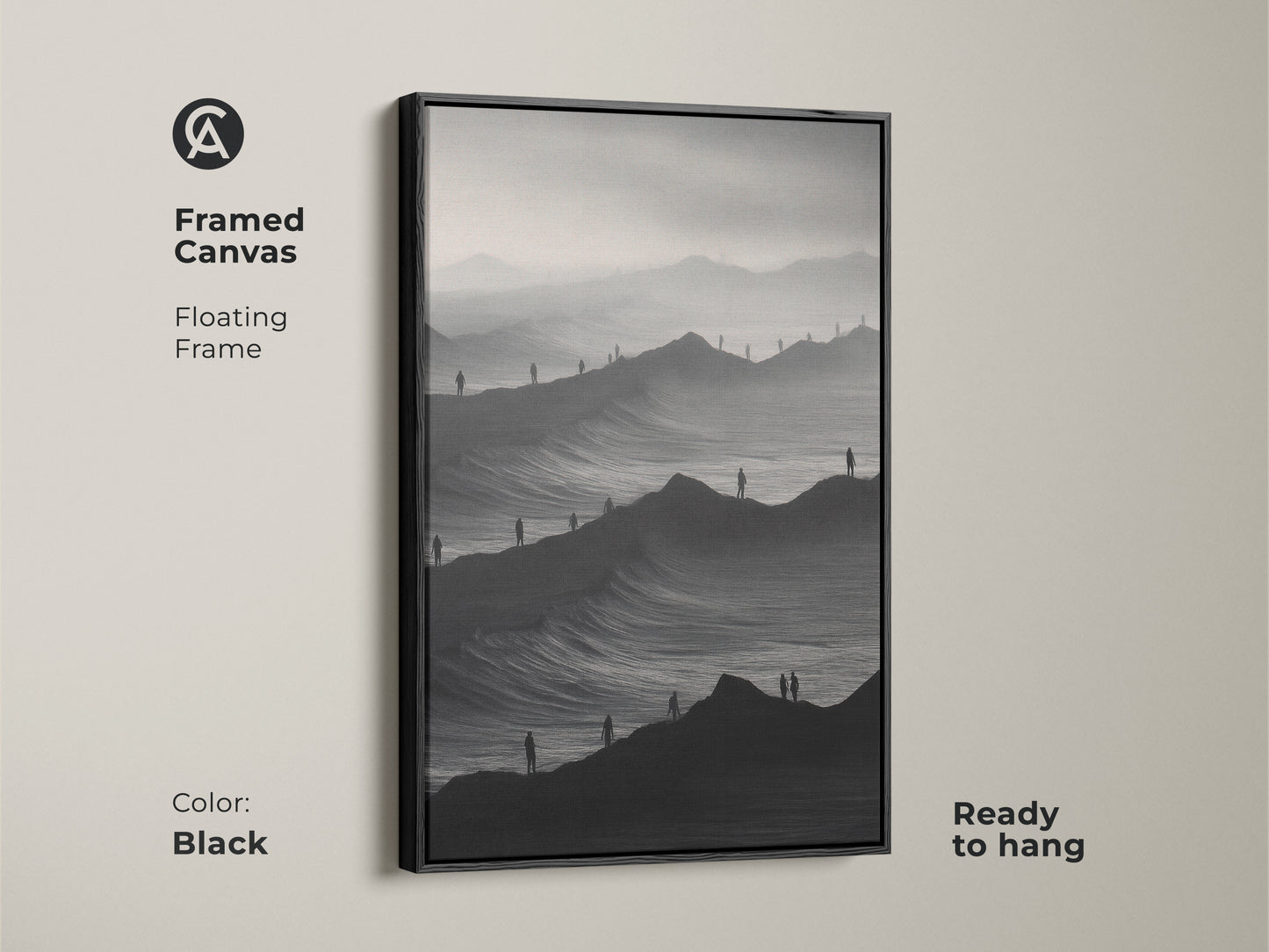Framed canvas art featuring a surreal monochrome mountainscape. Black floating frame enhances this abstract landscape print. Ready to hang minimalist artwork. The black and white art complements modern decor. This conceptual piece adds sophistication.