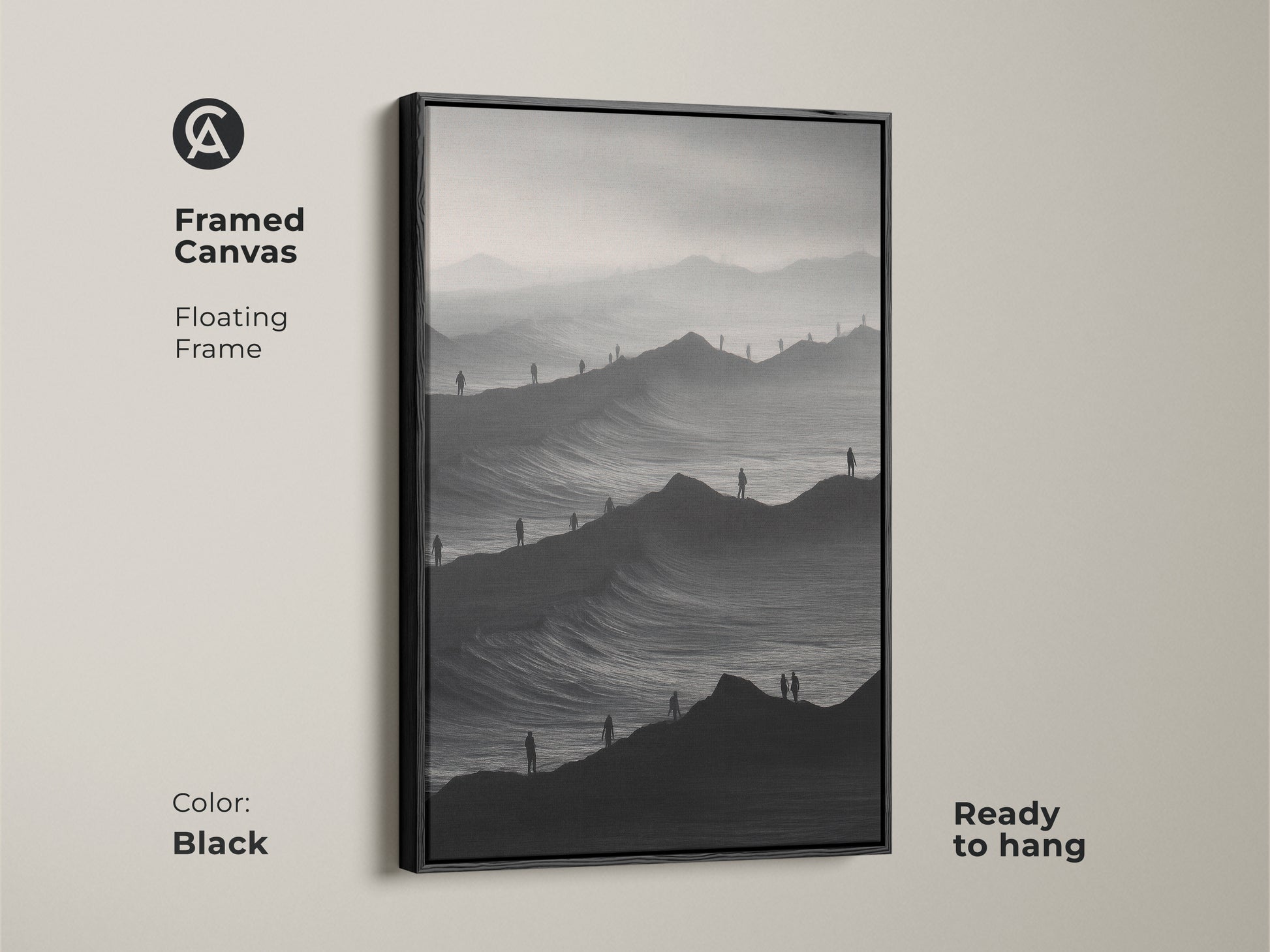 Framed canvas art featuring a surreal monochrome mountainscape. Black floating frame enhances this abstract landscape print. Ready to hang minimalist artwork. The black and white art complements modern decor. This conceptual piece adds sophistication.