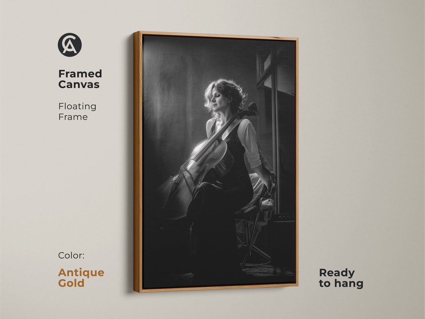 Framed canvas art print of a cellist in black and white. This contemporary artwork features an antique gold floating frame. Ready to hang adding a touch of sophistication to any wall. Perfect for a music room or home studio. The portrait is a great gift for musicians.