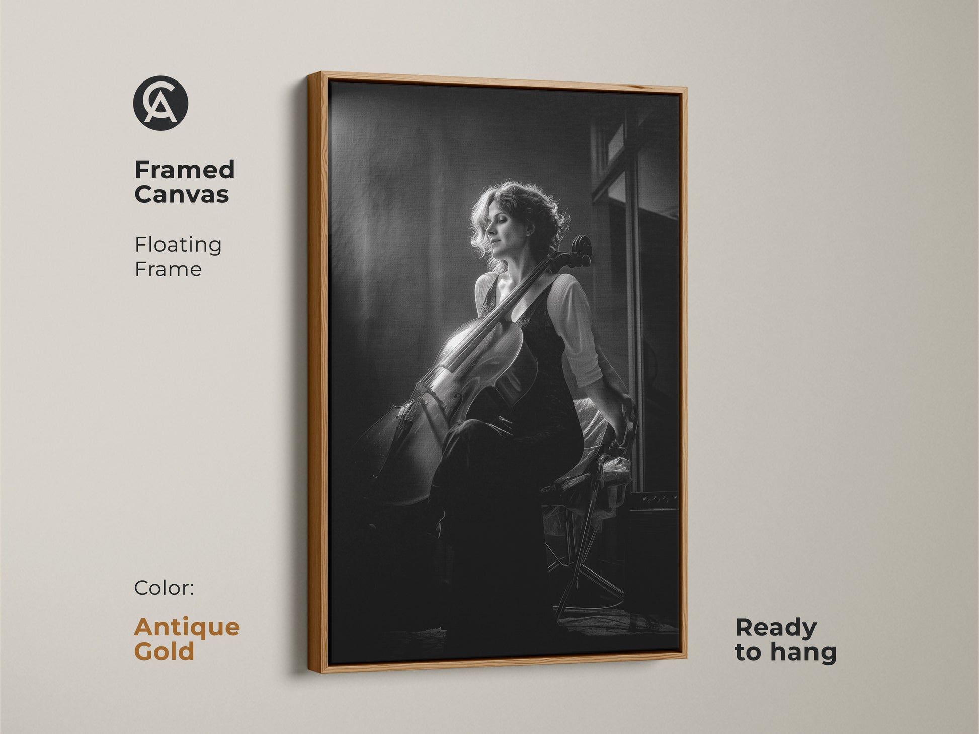 Framed canvas art print of a cellist in black and white. This contemporary artwork features an antique gold floating frame. Ready to hang adding a touch of sophistication to any wall. Perfect for a music room or home studio. The portrait is a great gift for musicians.