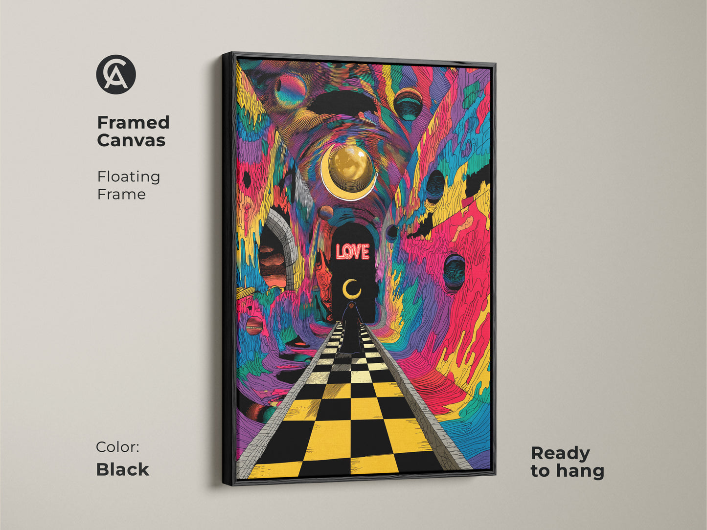 Framed canvas with a floating black frame displays psychedelic surrealism. Abstract tunnel vision and a chessboard path create a trippy wall art piece. Ready to hang this modern surreal artwork adds a vibrant focal point. The perfect housewarming present abstract.