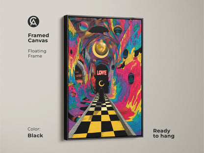 Framed canvas with a floating black frame displays psychedelic surrealism. Abstract tunnel vision and a chessboard path create a trippy wall art piece. Ready to hang this modern surreal artwork adds a vibrant focal point. The perfect housewarming present abstract.