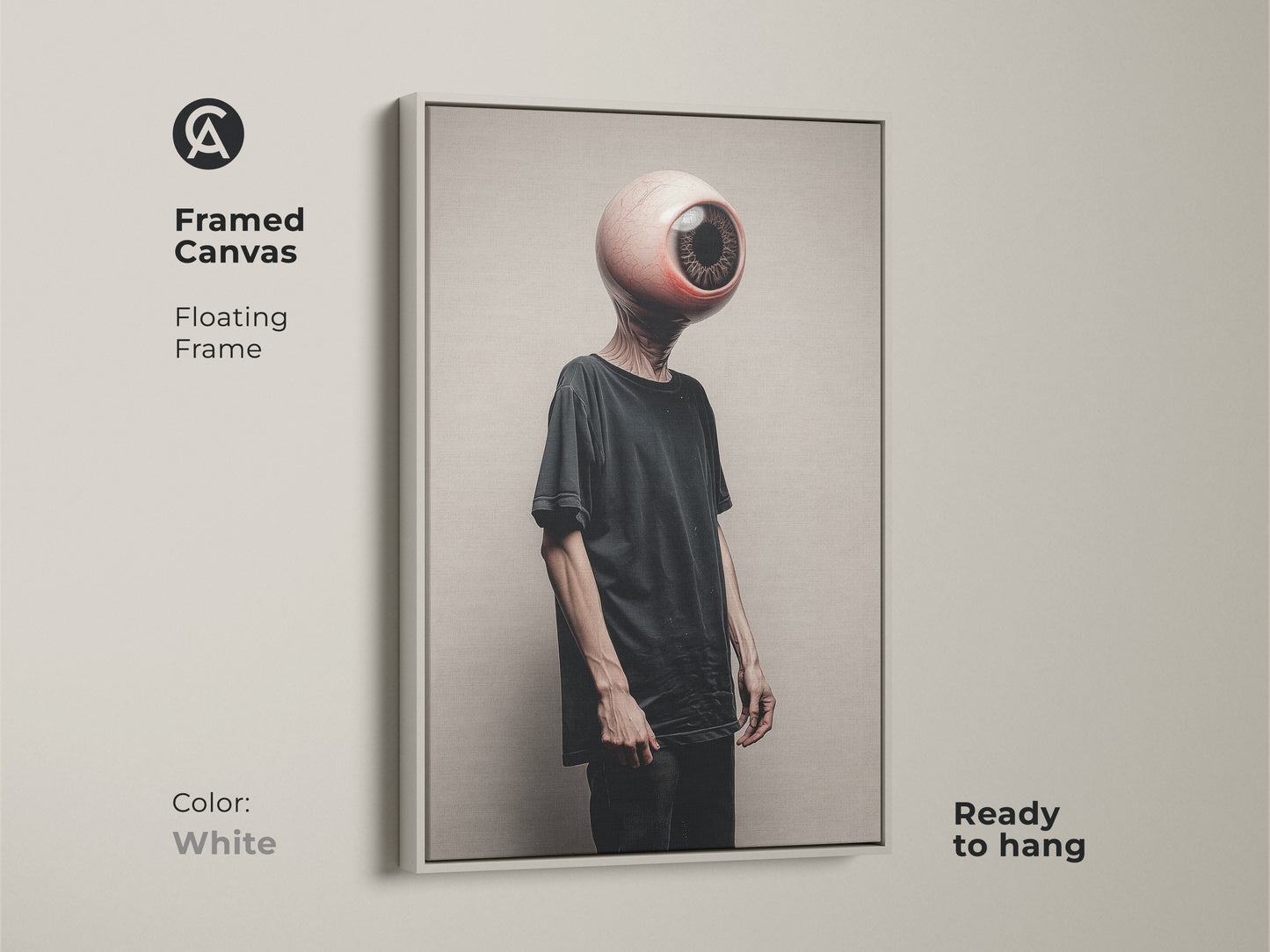 This white framed canvas showcases a surreal eyeball head. The conceptual figure art enriches any modern wall. Ready to hang this dark aesthetic wall decor brings eclectic flair. This unique gift is ideal for an art lover or Halloween adding a sophisticated touch.