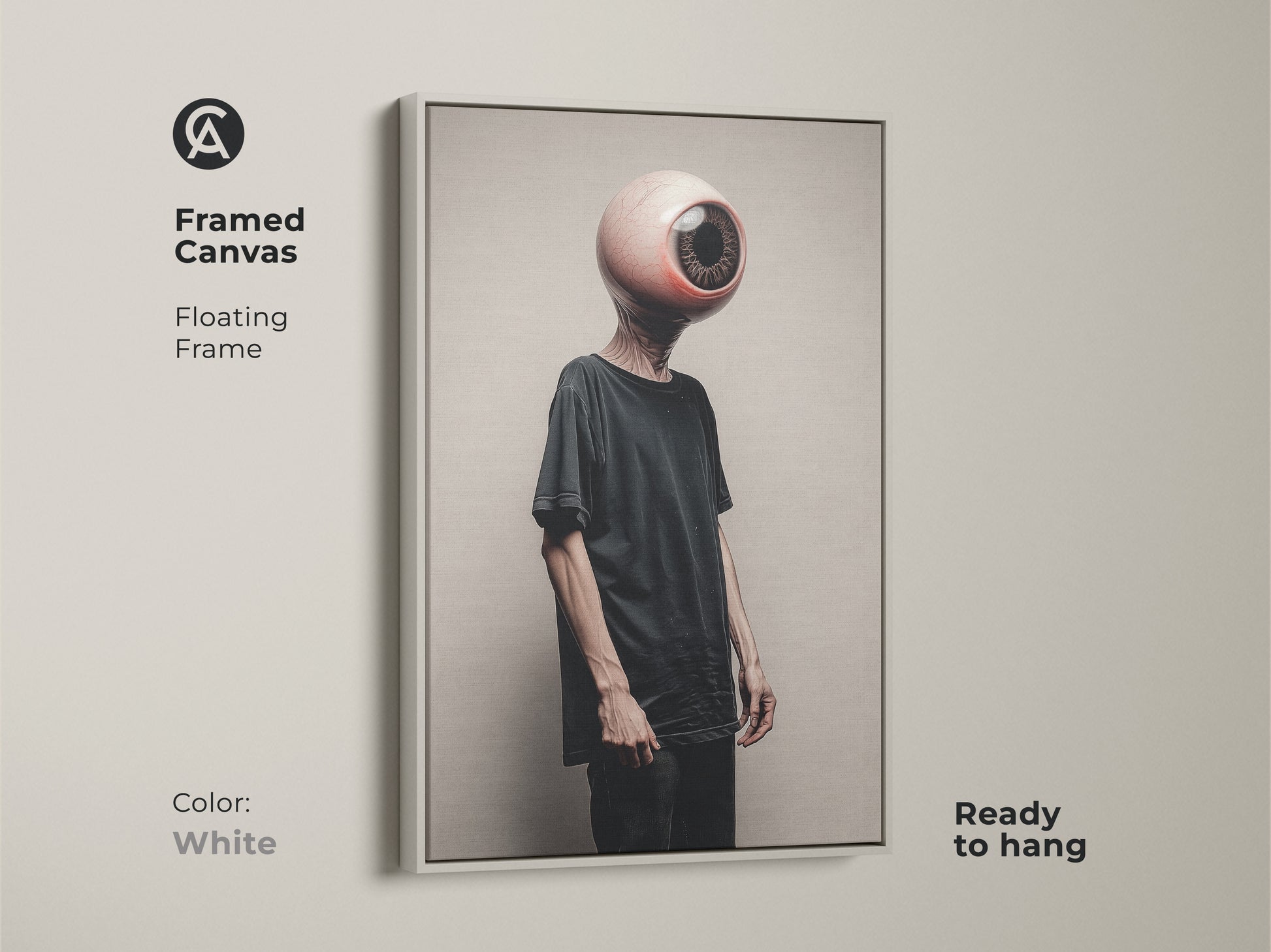 This white framed canvas showcases a surreal eyeball head. The conceptual figure art enriches any modern wall. Ready to hang this dark aesthetic wall decor brings eclectic flair. This unique gift is ideal for an art lover or Halloween adding a sophisticated touch.