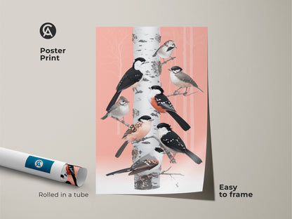Poster print shows birds perched on a birch tree in Scandinavian folk art style. The art features soft coral and white hues. This nature-inspired decor is easy to frame. Rolled in a tube it is a perfect gift for bird lovers. Add a unique touch to any room with this animal canvas print.