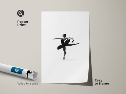 Poster print displays a minimalist ballerina art print. Black and white dancer wall art is easy to frame. The elegant ballet figure canvas enhances contemporary bedroom decor. Gift for dancers showcasing monochrome ballet art. Rolled in a tube for protection.