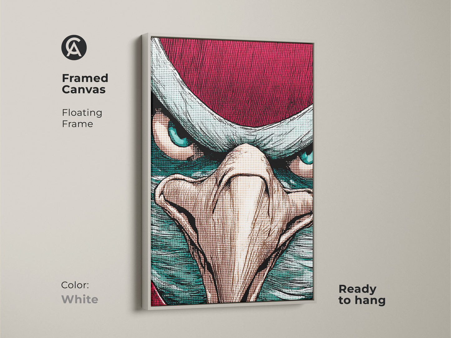 This framed eagle canvas is ready to hang. The crimson teal bird art features a floating white frame. The pop art artwork is a close-up. The bold comic style makes it a unique animal print. This office animal artwork is eclectic.