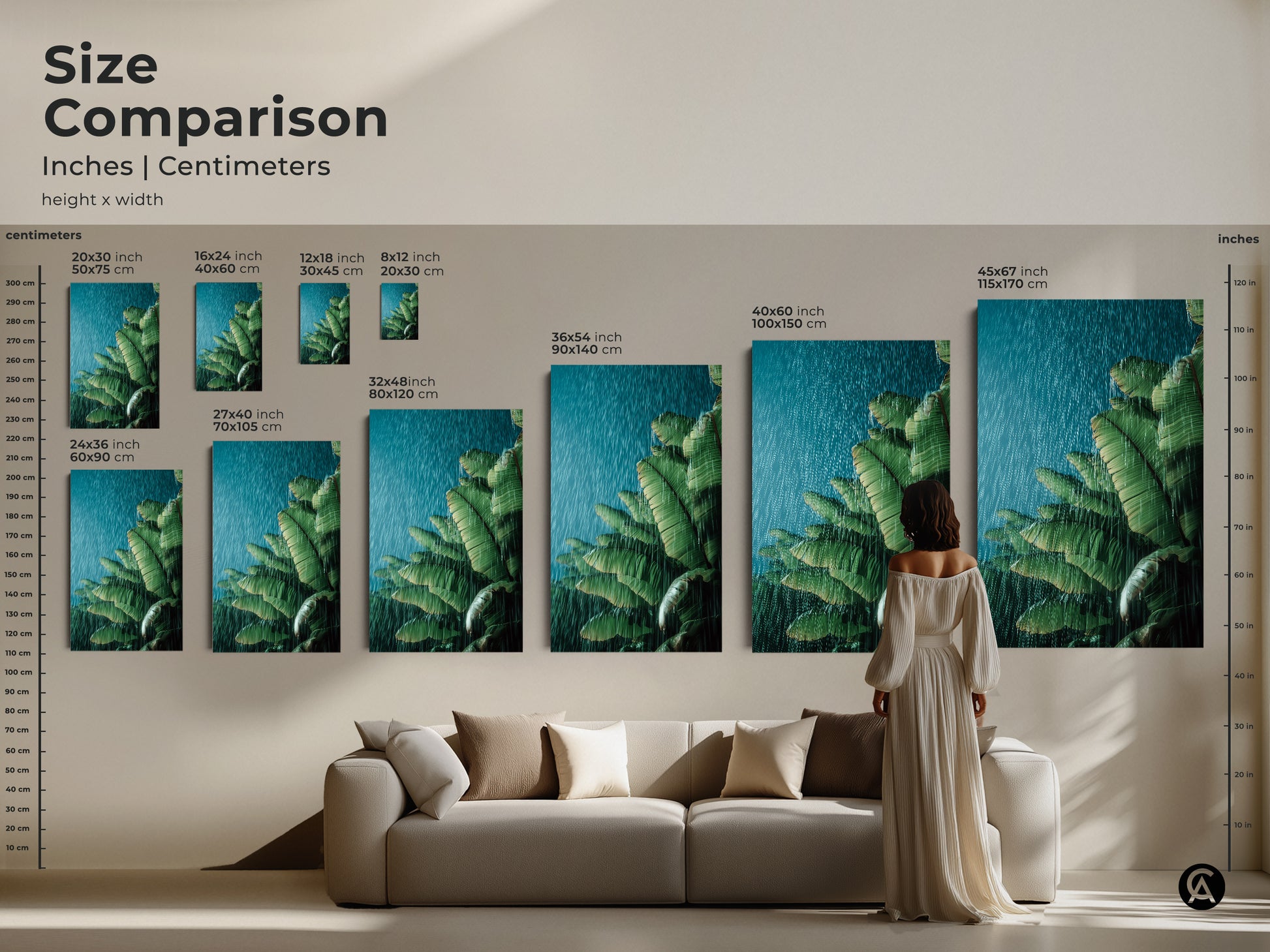 Size comparison of green teal tropical art print showcasing banana leaves. See how different sizes fit in your living space. Options range from 16x24 inch to 45x67 inch. This botanical wall art is perfect for adding a touch of nature to your home. Ideal for plant lovers seeking boho tropical decor.