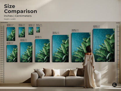 Size comparison of green teal tropical art print showcasing banana leaves. See how different sizes fit in your living space. Options range from 16x24 inch to 45x67 inch. This botanical wall art is perfect for adding a touch of nature to your home. Ideal for plant lovers seeking boho tropical decor.