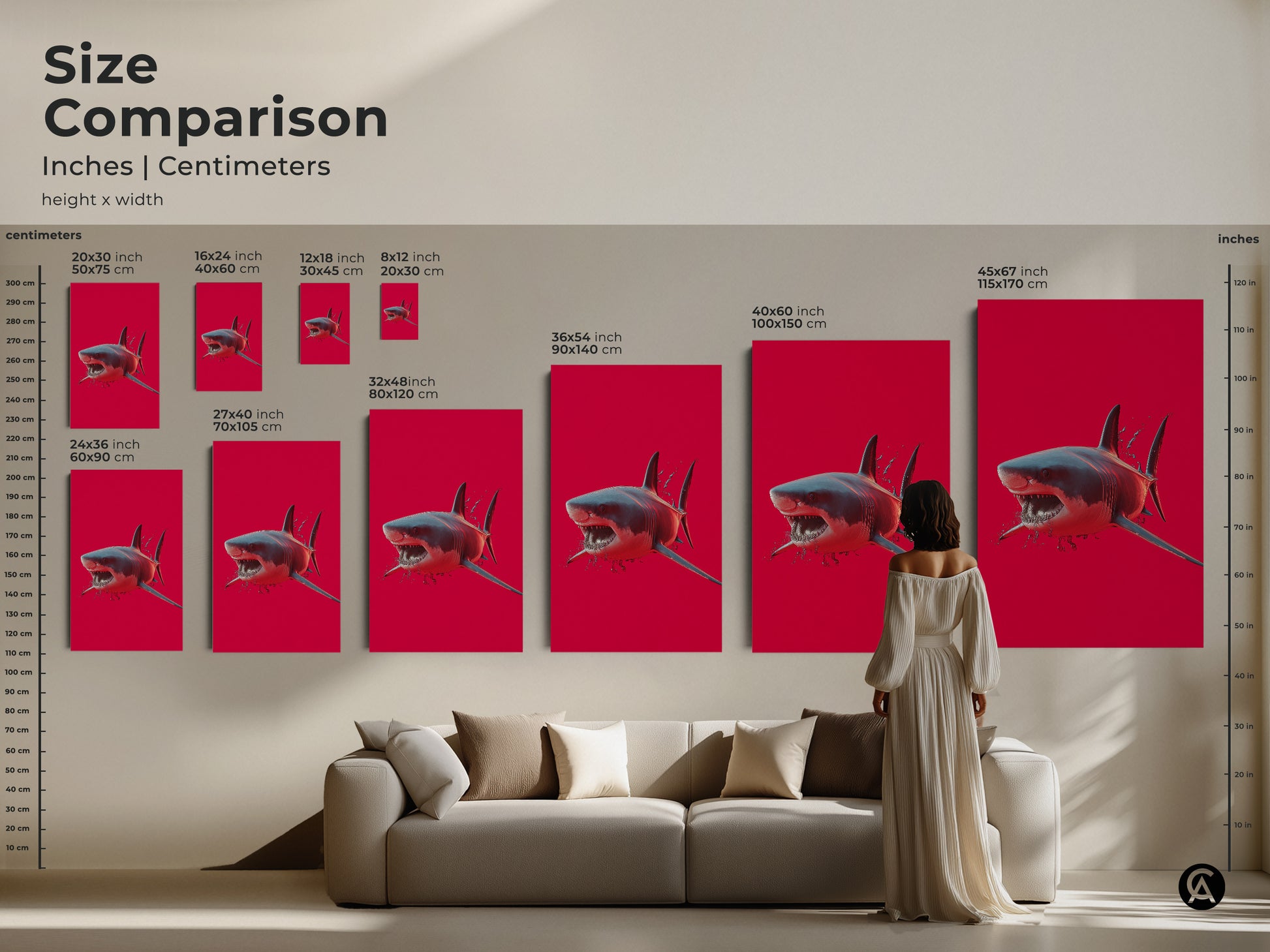 Compare sizes of great white shark art prints. Ranging from small to large this crimson ocean wall art fits any room. See how this shark wildlife canvas enhances your space. Find the perfect animal artwork.