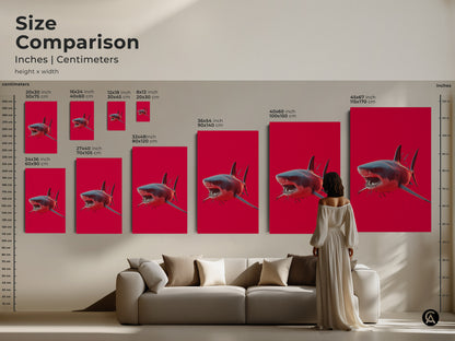 Compare sizes of great white shark art prints. Ranging from small to large this crimson ocean wall art fits any room. See how this shark wildlife canvas enhances your space. Find the perfect animal artwork.