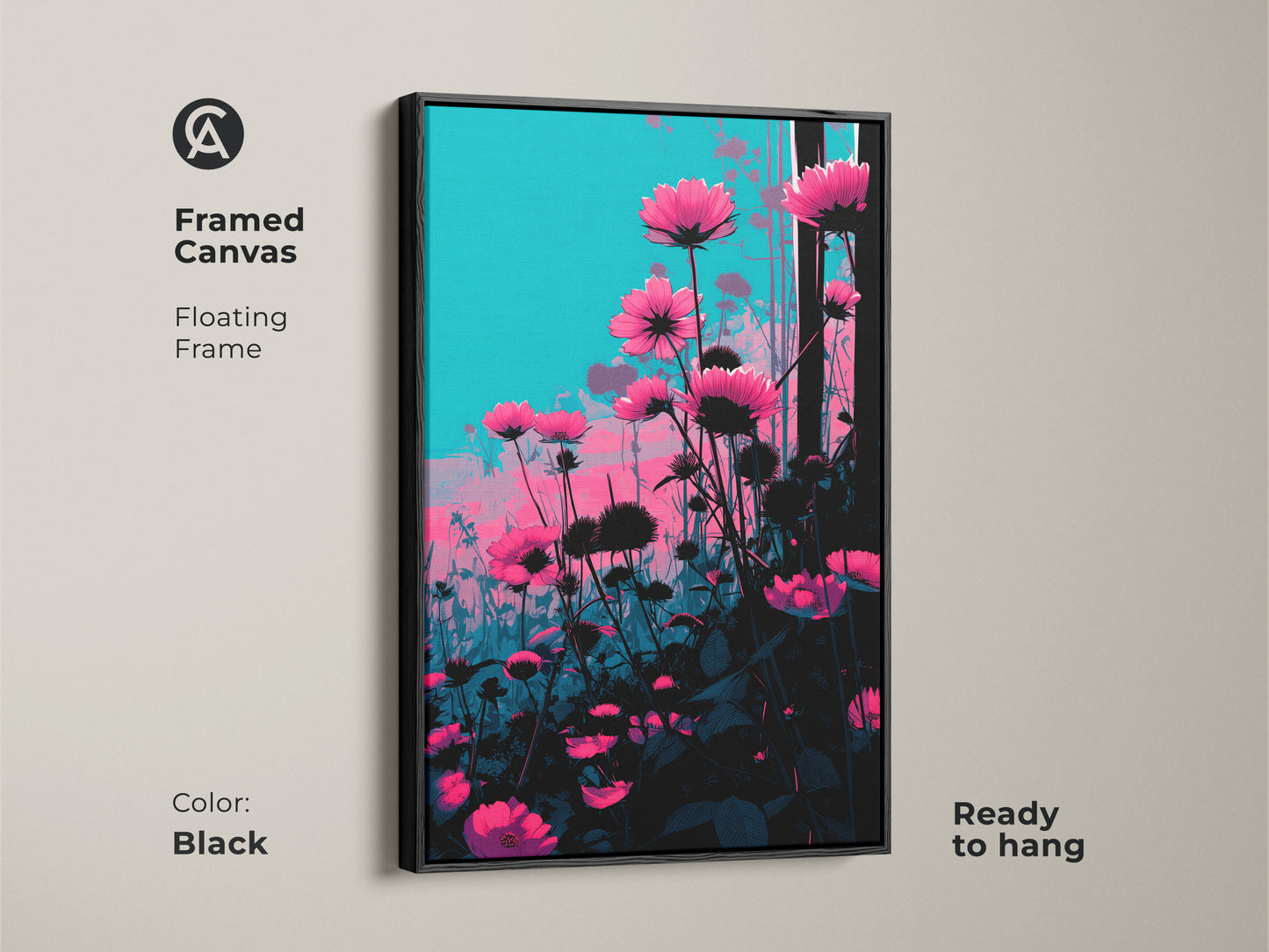 Black framed canvas showcasing contemporary botanical art. Pink cosmos flowers stand out against a teal backdrop. This modern graphic artwork is ready to hang. Great floral art for office or home wall decor.
