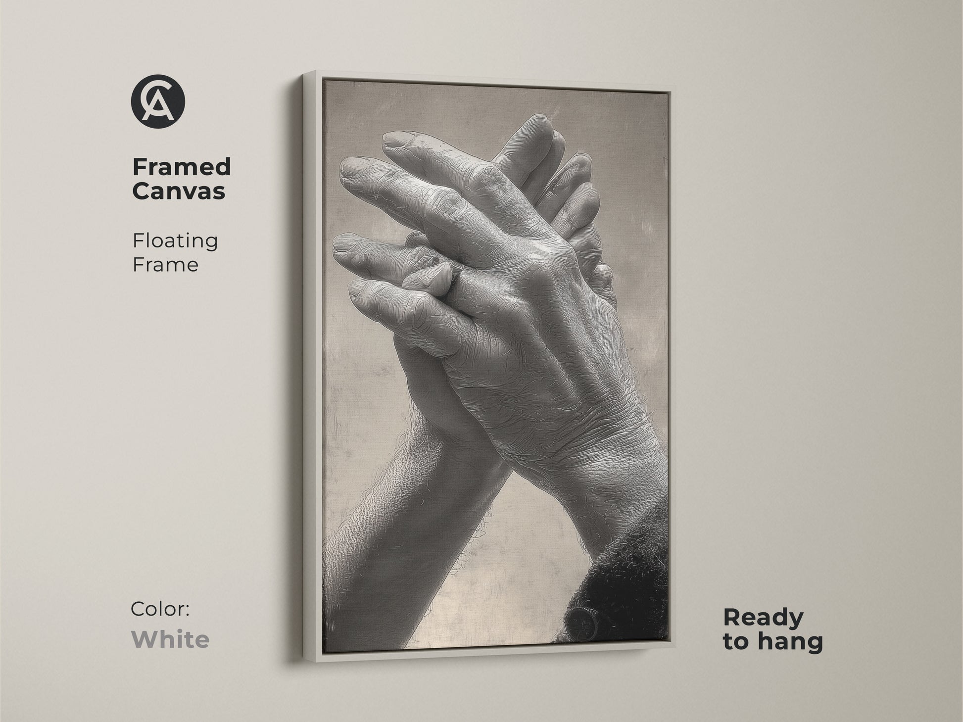 White framed canvas with intertwined hands art. The floating frame adds a modern touch to this grayscale couple art. A perfect anniversary gift for adding minimalist art to your bedroom or living room decor.